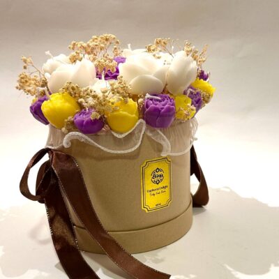 white purple yellow Soy Candle Bouquet in Basket